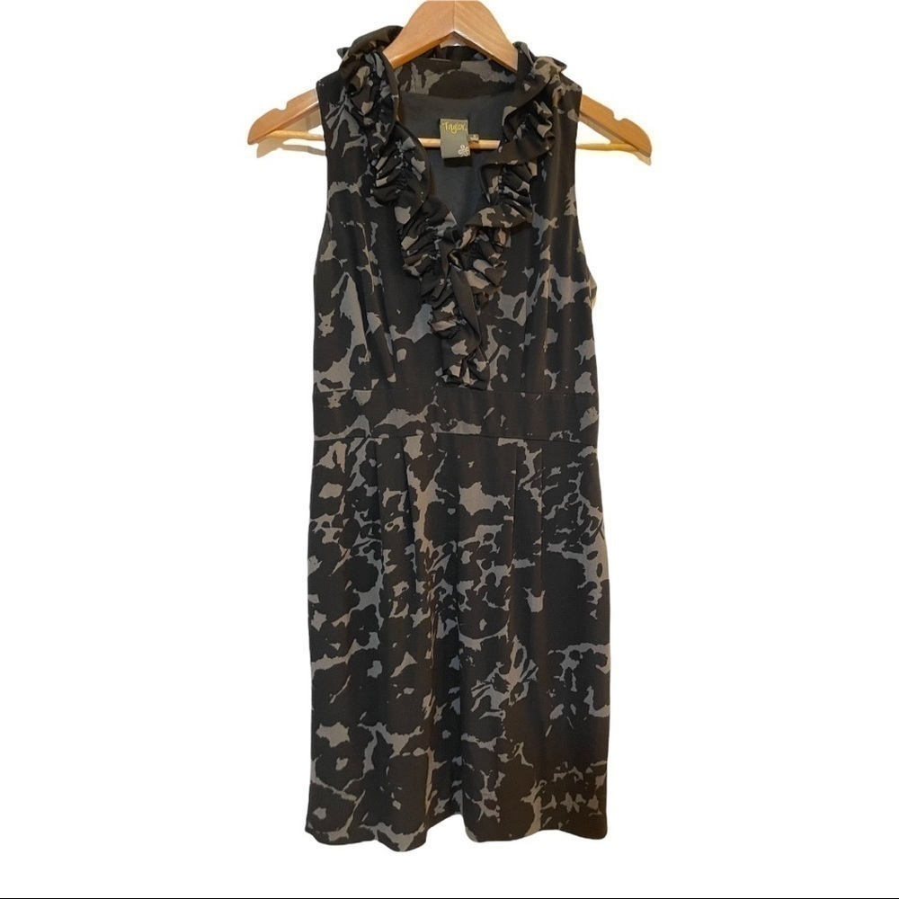 Taylor‎ Black Gray Sleeveless Ruffle V-Neck Dress Elegant Workwear Size 8